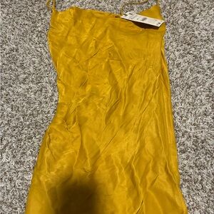 Zara Mustard Yellow Satin Maxi Slip Dress with Spaghetti Straps